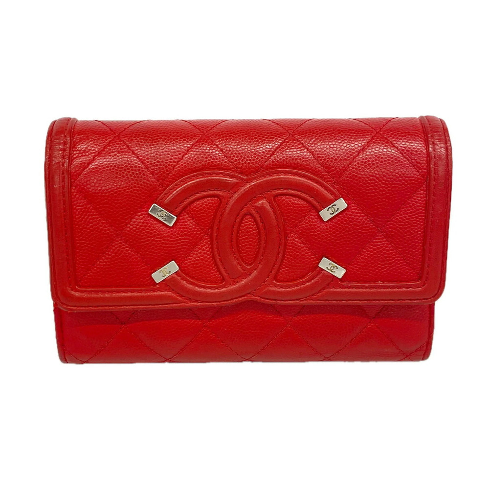 Chanel Tri-fold Wallet CC Filigree Caviar Skin Red Women's